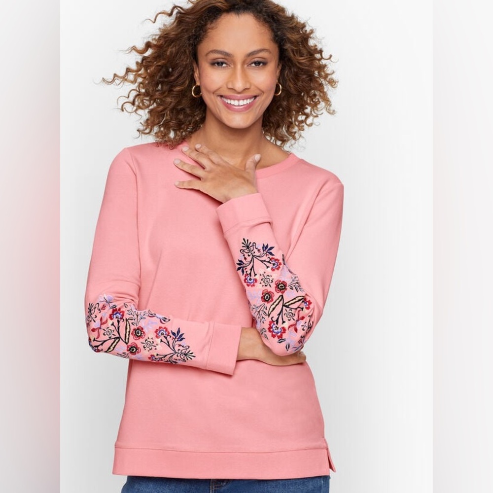 Talbots pink cotton crewneck sweatshirt with floral embroidery on the sleeves